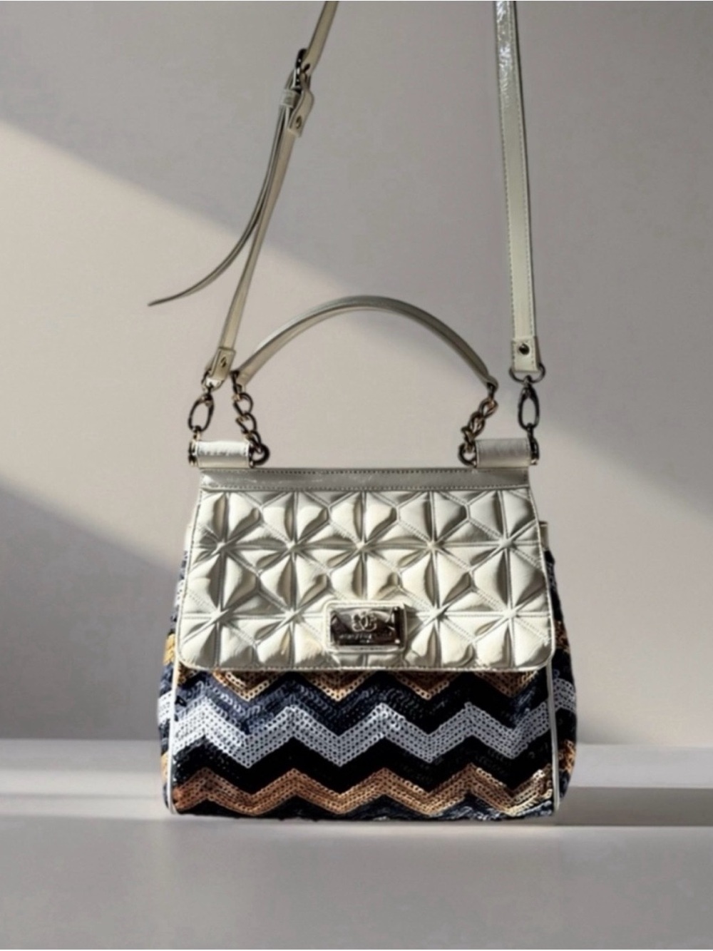 Sharif Metallic Silver Quilted Top-Handle Crossbody with Chevron Sequin Body